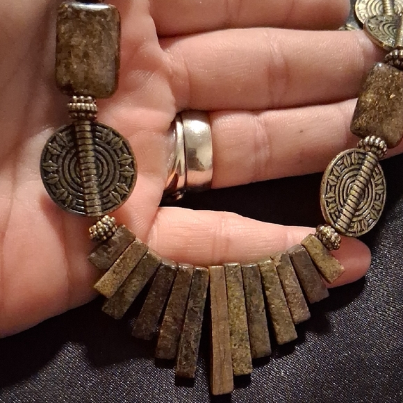 Coldwater Creek Brown Genuine Jasper and Gold Tone Aztec Statement Necklace. - Picture 10 of 16